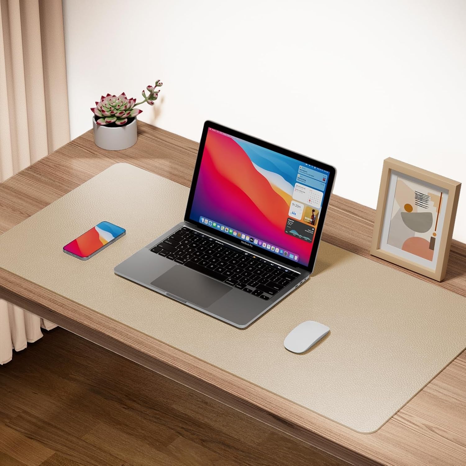 Leather Desk Pad Protector,Non-Slip Mouse Pad,Laptop Desk Pad,Office Mouse Mat,Waterproof Leather Desk Blotter,Desk Writing Pad for Office and Home (M-Beige,30"X14")
