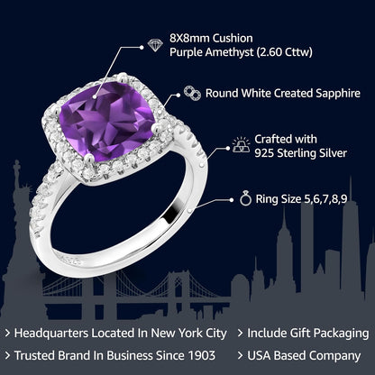2-3 Cttw Gemstone Birthstone and White Moissanite Halo Solitaire Engagement Ring for Women | 925 Sterling Silver | Cushion Cut 8MM | Wedding Anniversary Promise | Size 5-9