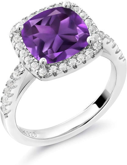 2-3 Cttw Gemstone Birthstone and White Moissanite Halo Solitaire Engagement Ring for Women | 925 Sterling Silver | Cushion Cut 8MM | Wedding Anniversary Promise | Size 5-9
