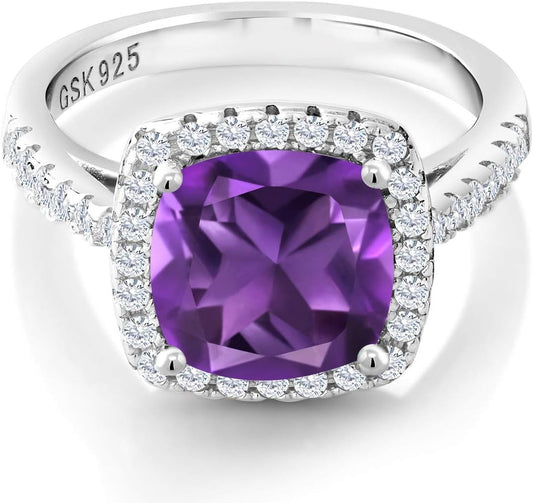 2-3 Cttw Gemstone Birthstone and White Moissanite Halo Solitaire Engagement Ring for Women | 925 Sterling Silver | Cushion Cut 8MM | Wedding Anniversary Promise | Size 5-9